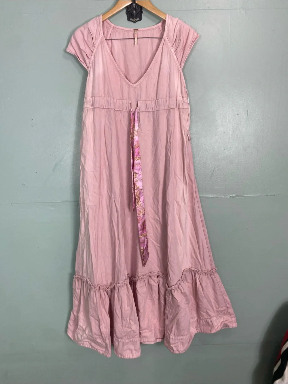 Free People Roucha Maxi Denim Tie‎ Front Pink Dress Medium